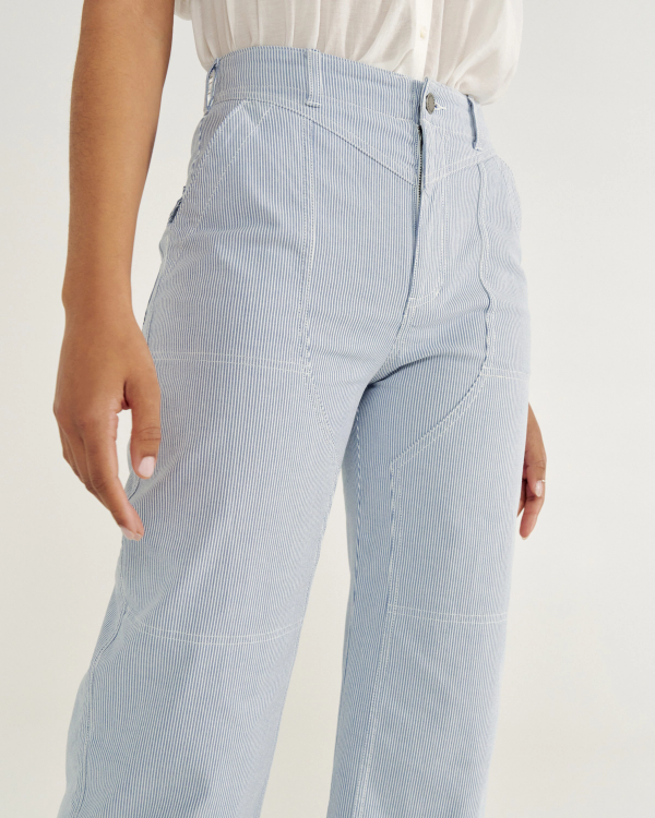 Front view of Women's Carpenter Pant - Blue / White Cotton on model