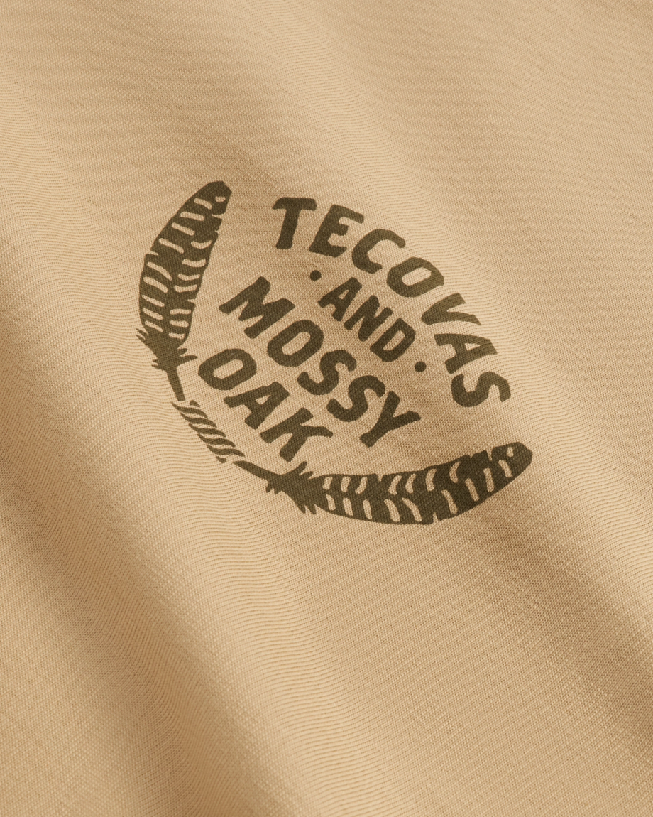 Closeup view of Men's Tecovas x Mossy Oak Turkey & Boots T-Shirt - Khaki/Olive
