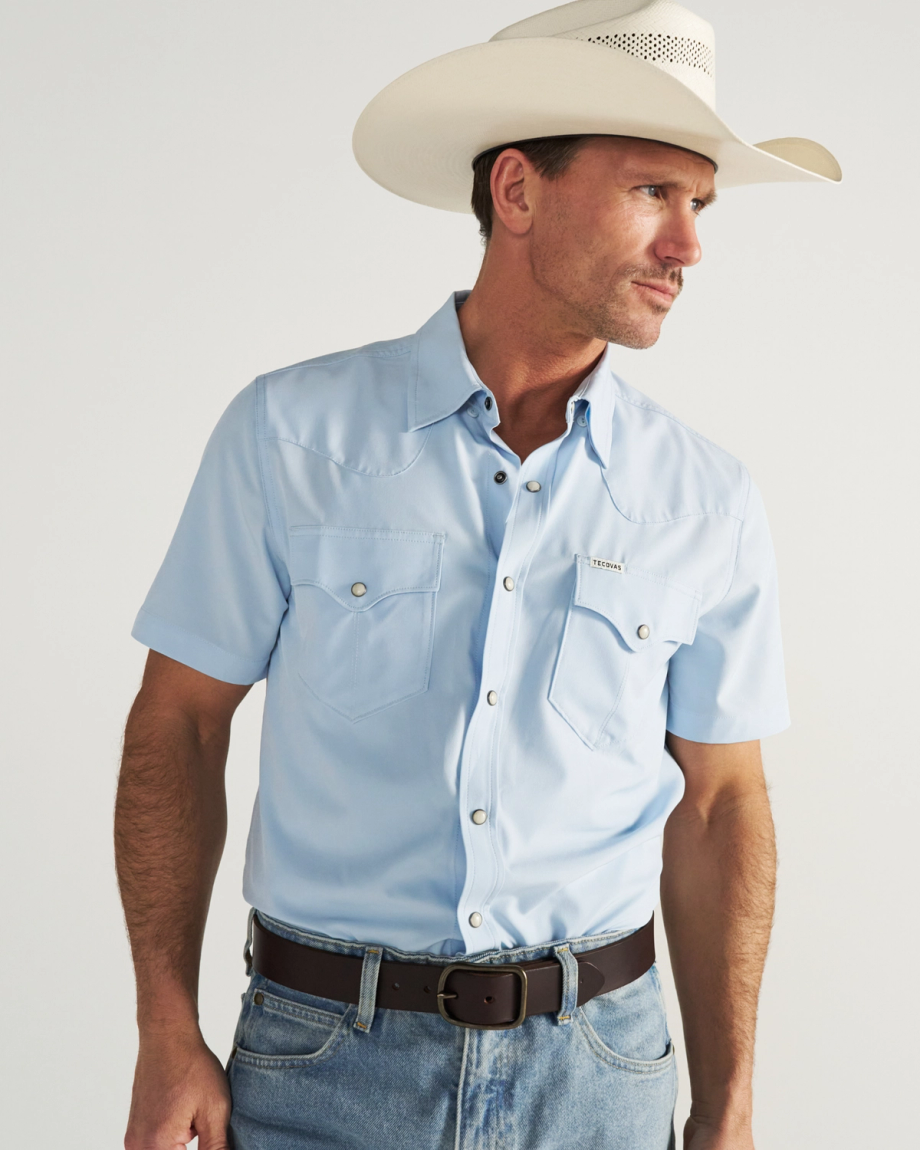 Closeup detail view of Men's Performance Western Pearl Snap SS - Sky