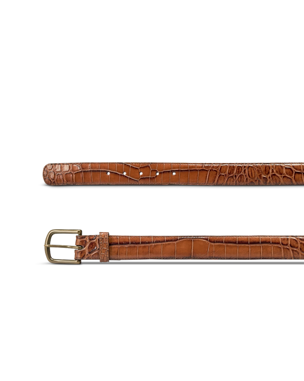 Brown leather belt with a crocodile-embossed pattern and an antiqued brass buckle, shown in two segments.