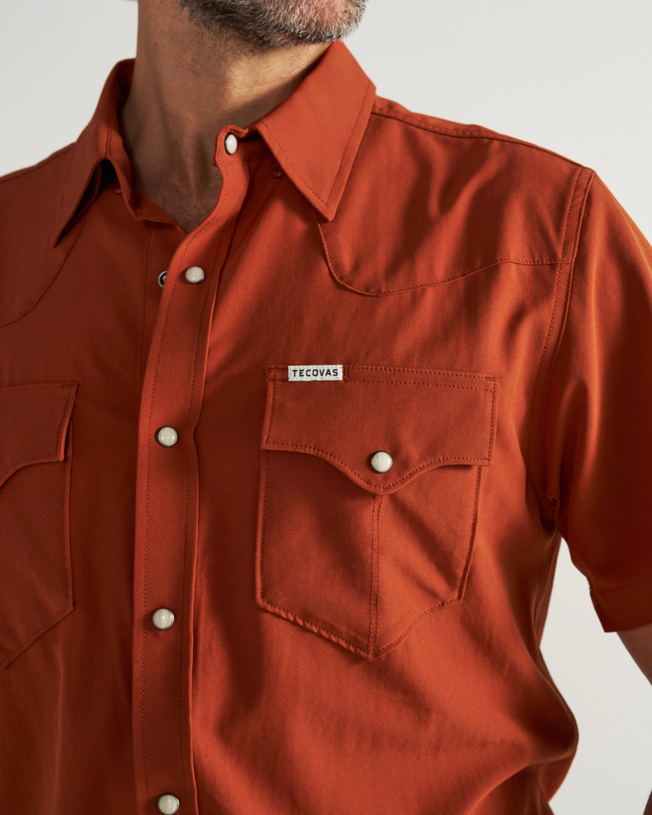 Closeup detail view of Men's Performance Western Pearl Snap SS - Orange Rust