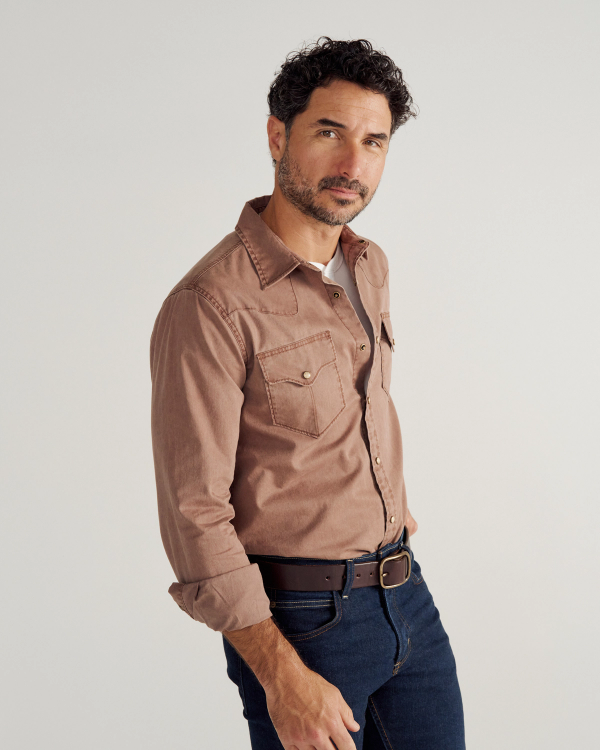 Closeup detail view of Men's Thorn Stopper Pearl Snap LS - Brown