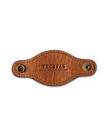 A brown leather piece with "Tecovas" and "Made in Dominican Republic" embossed, featuring two metal snaps on either end.