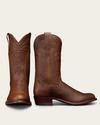 A pair of brown leather cowboy boots with decorative stitching, one boot standing upright and the other laid on its side to show the sole.