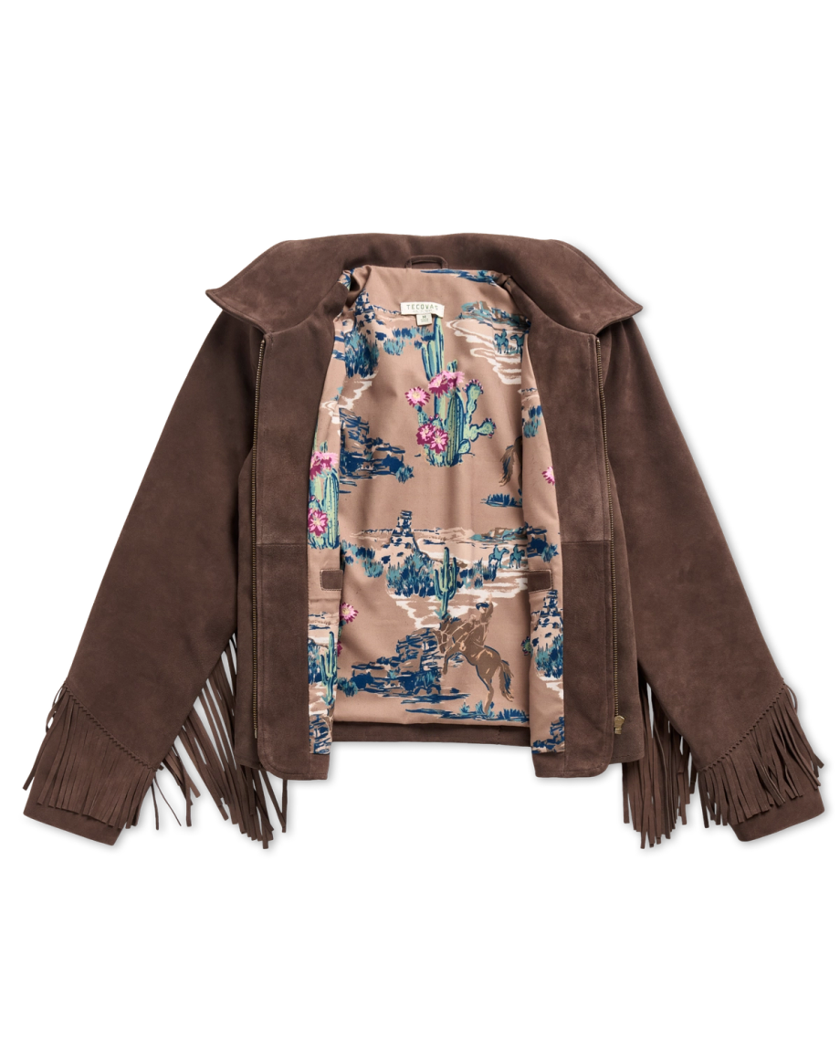 Closeup detail view of Women's Suede Fringe Jacket - Chocolate Brown