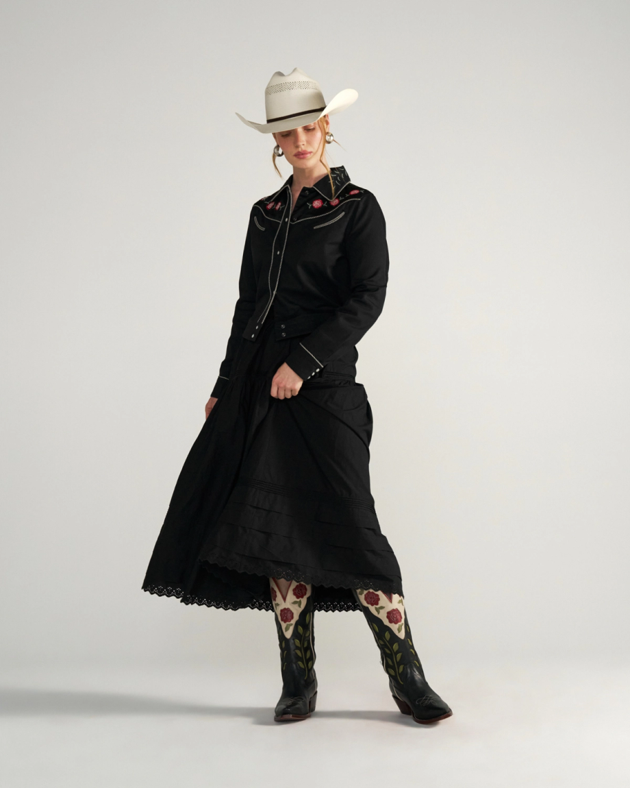 Full view of Women's Embroidered Dolly Jacket - Black on model