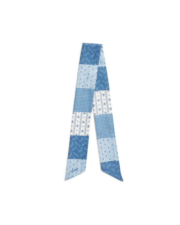 Front view of Patchwork Ribbon Scarf - Blue/White on plain background