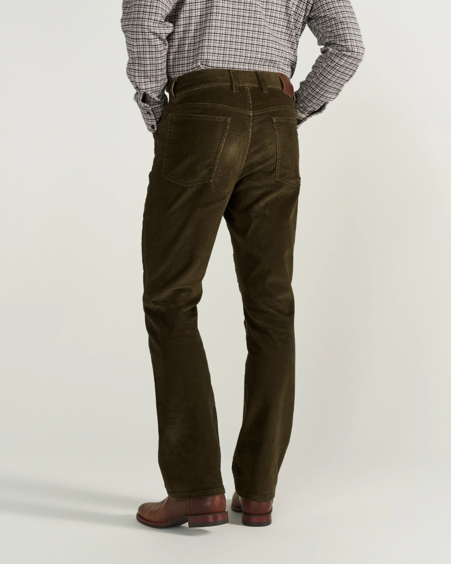 Back view of Men's Slim Straight Stretch Corduroy - Dark Olive on model
