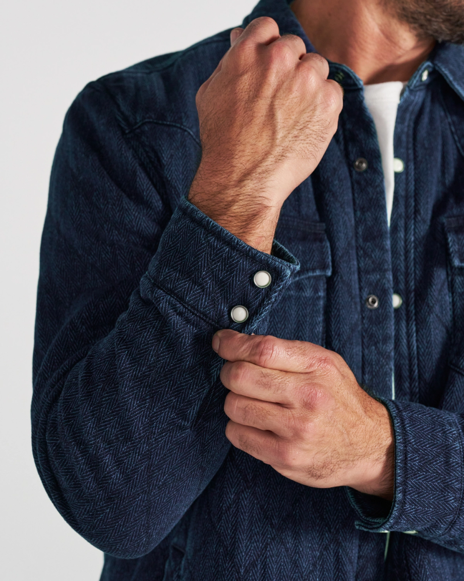 Closeup view of Men's Quilted Herringbone Shacket - Indigo