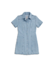 Closeup detail view of Women's Short Sleeve Mini Pearl Snap Dress - Light Wash
