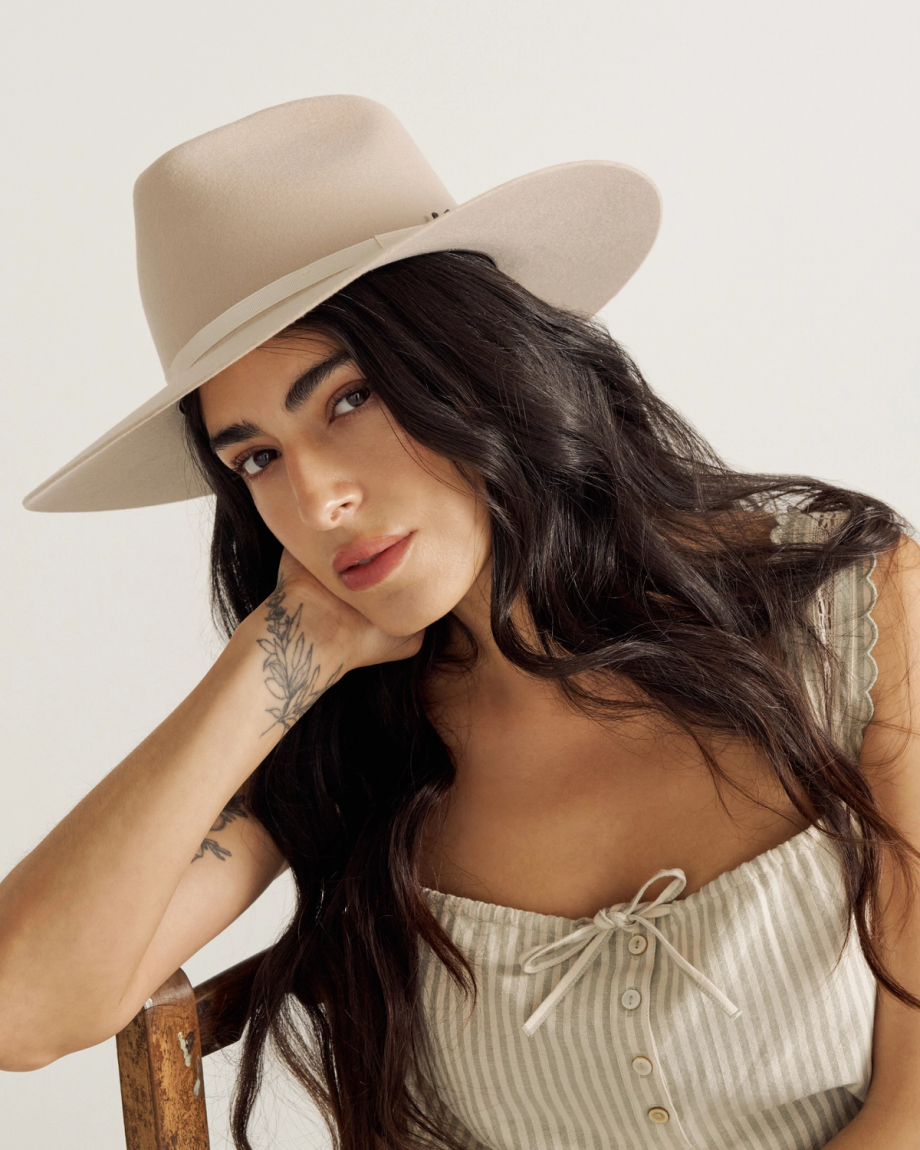 Closeup view of The Belle Wool Cowgirl Hat - Cream