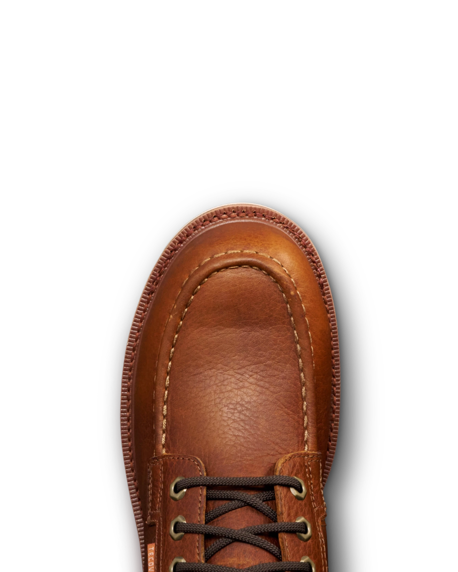 Toe view of The LH WP Moc Comp Toe Work Boot - Saddle Cowhide on plain background