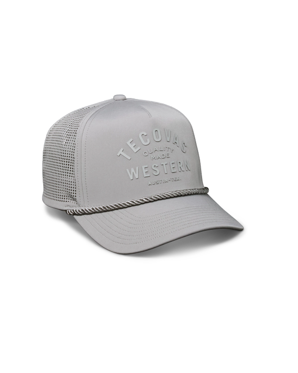 Quarterfront view of Quality Made Performance Trucker Hat - Gray on plain background