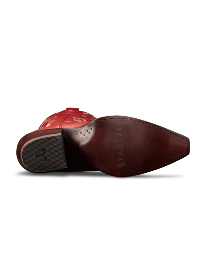 Sole view of The Booth Boot - Chili's Booth Red Vinyl on plain background