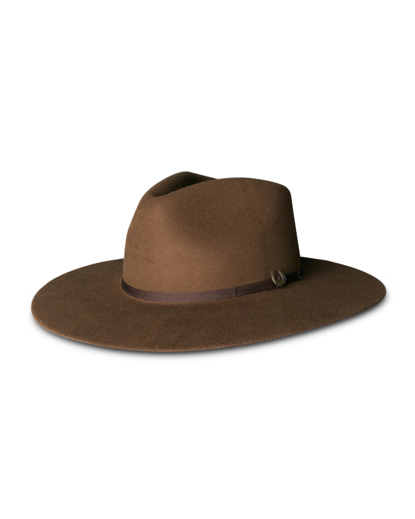 Quarterfront view of The Belle Wool Cowgirl Hat - Medium Brown on plain background