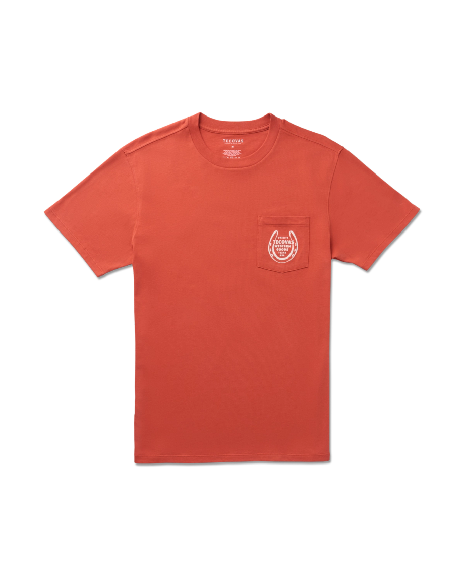 Closeup detail view of Men's Horseshoe Pocket Tee - Orange / Bone