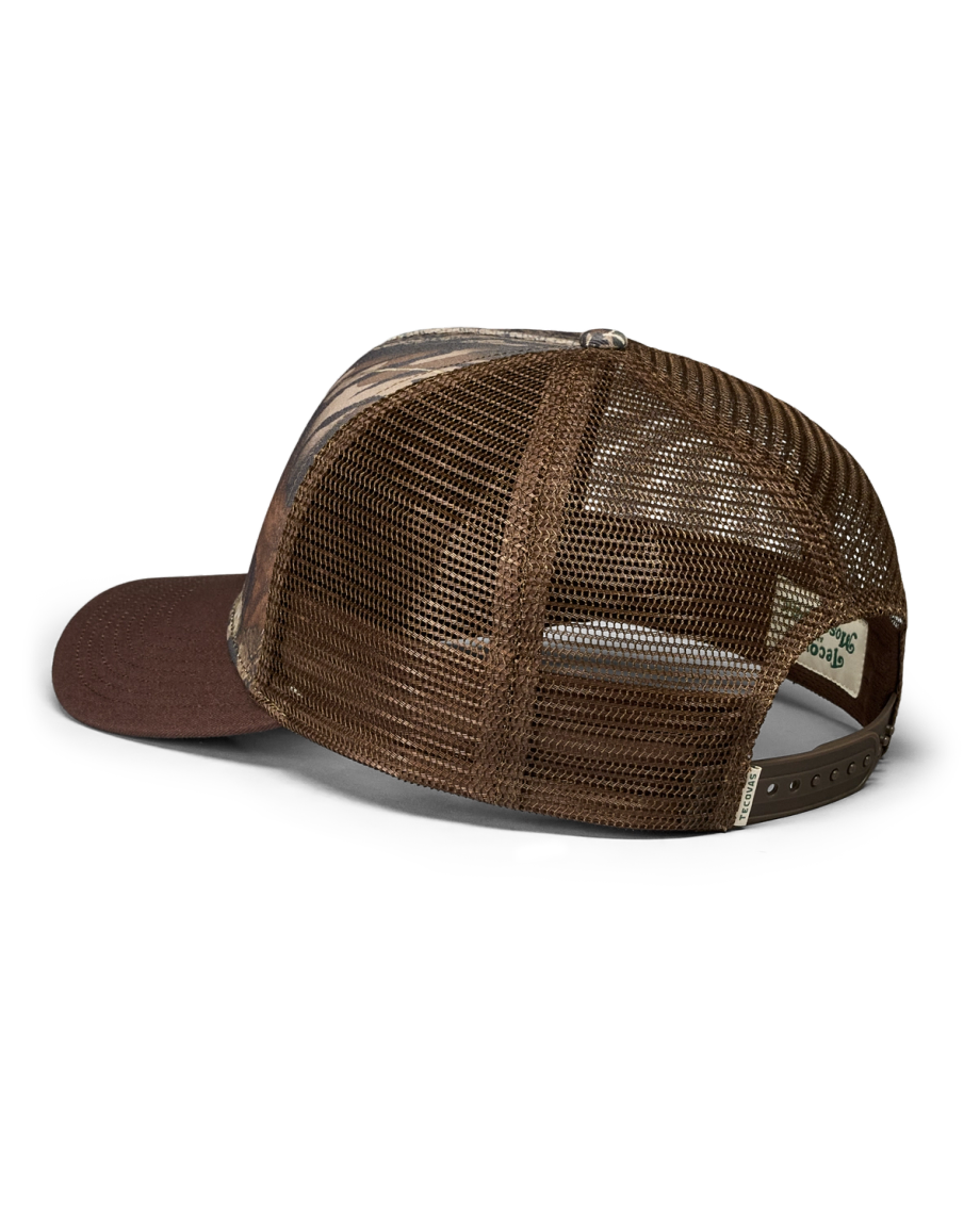 Brown mesh back trucker cap with adjustable snap closure, shown from the rear angle on a plain white background.