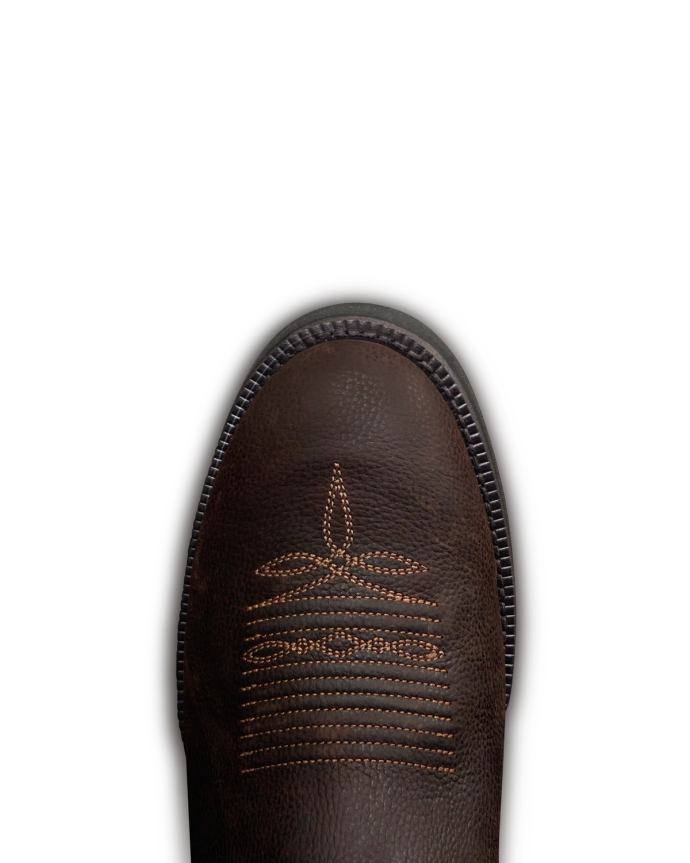 Toe view of The Rugged Round Toe - Umber / Sage Cowhide on plain background