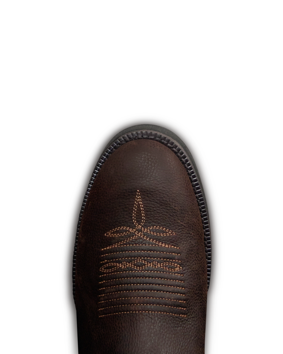Toe view of The Rugged Round Toe - Umber / Sage Cowhide on plain background