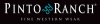 Logo of Pinto Ranch Fine Western Wear with white text on a black background and turquoise decorative elements.