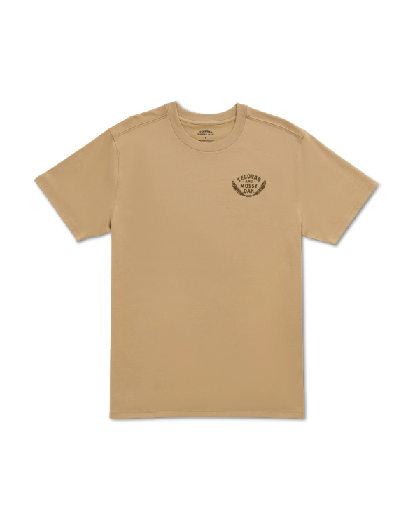 Front view of Men's Tecovas x Mossy Oak Turkey &amp; Boots T-Shirt - Khaki/Olive on plain background