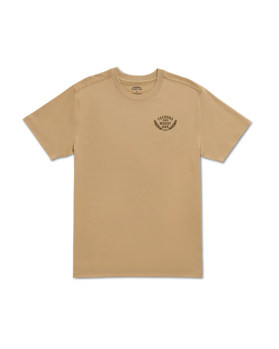 Front view of Men's Tecovas x Mossy Oak Turkey & Boots T-Shirt - Khaki/Olive on plain background