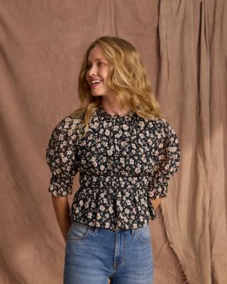 tag view of The Charlotte Top by Kristopher Brock - Black/Bone Floral on plain background