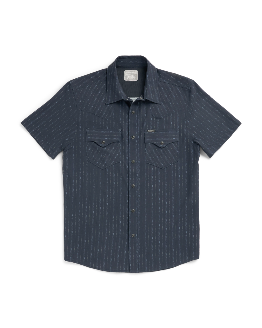 Closeup detail view of Men's Performance Western Short Sleeve Pearl Snap - Dark Navy/Multi