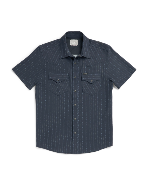 Closeup detail view of Men's Performance Western Short Sleeve Pearl Snap - Dark Navy/Multi