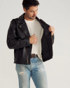 Front view of Men's Leather Biker Jacket - Black on model