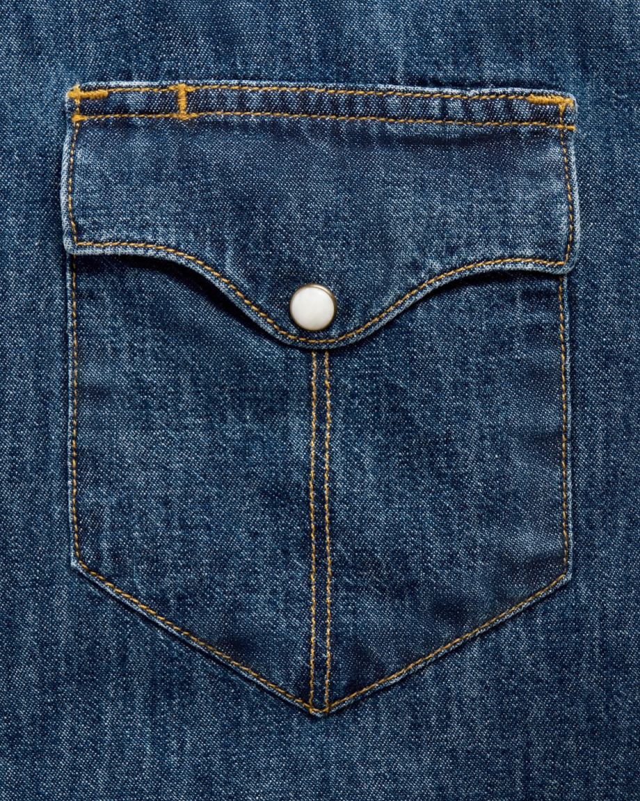 Closeup detail view of Men's Long Sleeve Denim Pearl Snap - Dark Wash