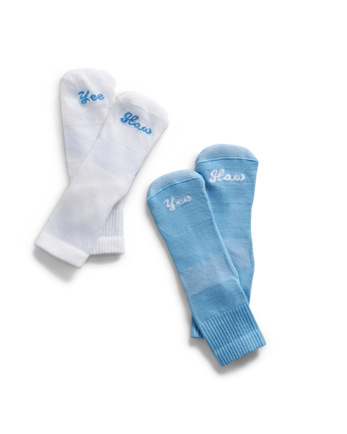 Front view of Yee Haw Hiker Sock - White / Blue on plain background