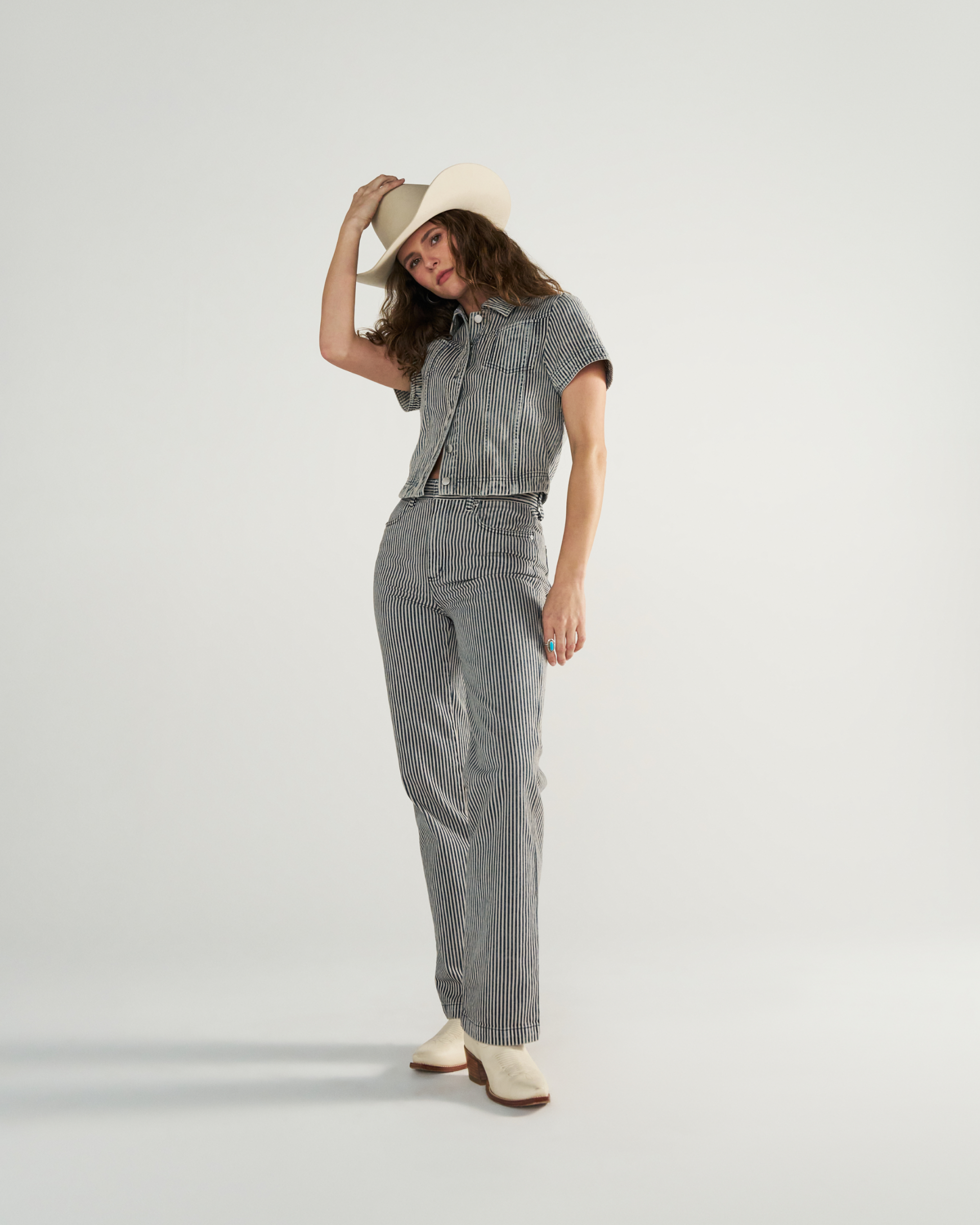 Full view of Women's S/S Denim Top - Blue / White on model