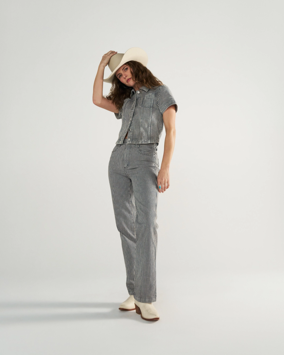 Full view of Women's S/S Denim Top - Blue / White on model