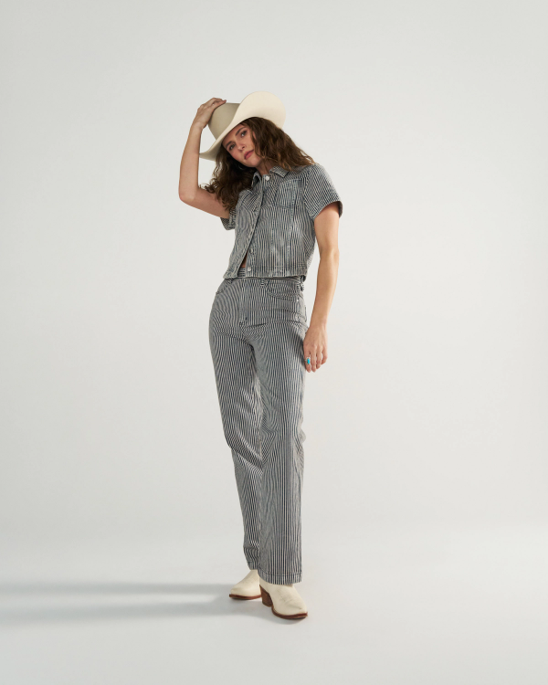 Full view of Women's S/S Denim Top - Blue / White on model