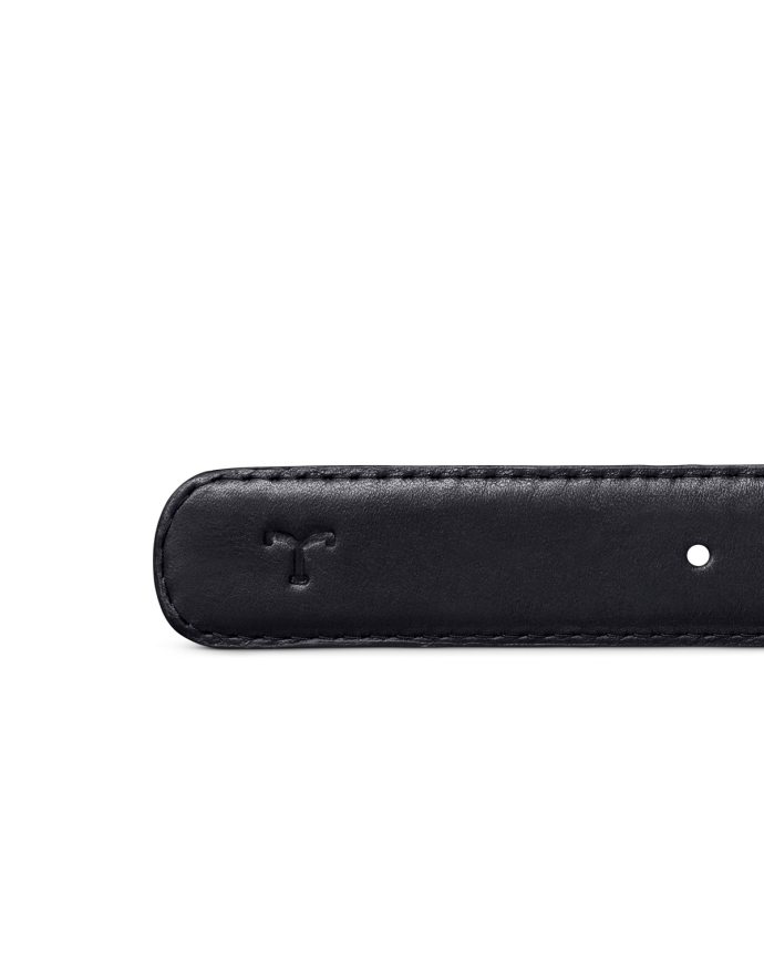 Close-up of a black leather strap with a subtle embossed "T" at the end, set against a black background.