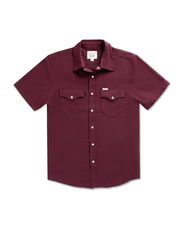 Closeup detail view of Men's Performance Western Short Sleeve Pearl Snap - Maroon