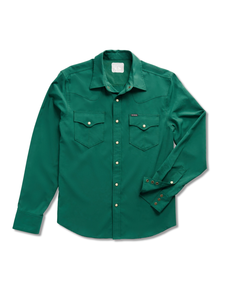 Closeup detail view of Men's Performance Western Pearl Snap LS - Hunter Green