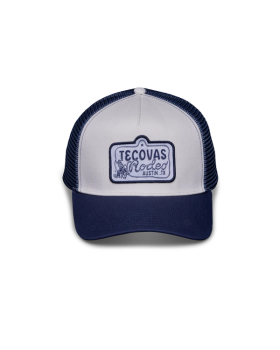 Front view of Ropin' Rodeo 5-Panel Low Pro Trucker - Navy/White on plain background