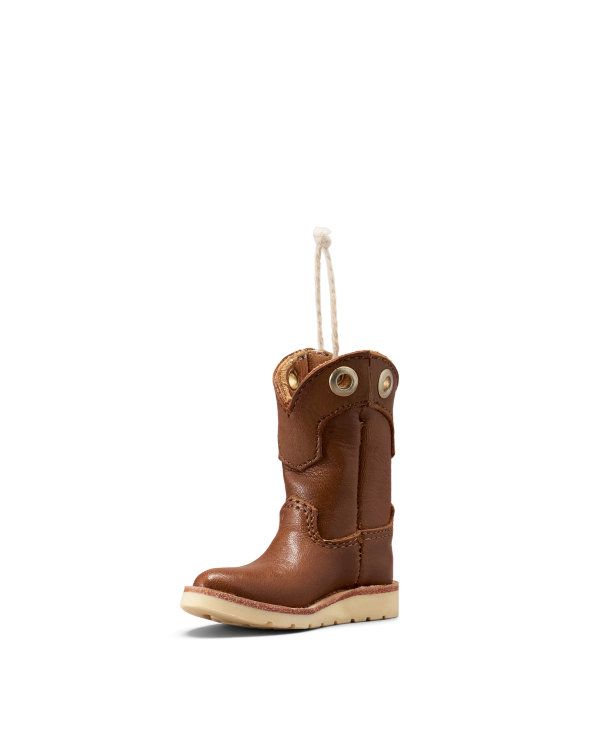 Quarterfront view of LongHaul Roper Work Boot Ornament - Saddle on plain background