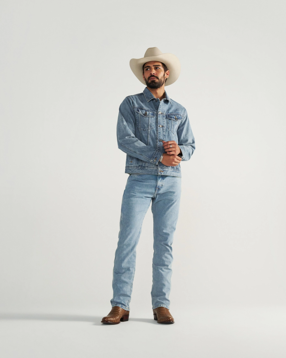 A man wearing a white cowboy hat, denim jacket, denim jeans, and brown cowboy boots stands against a plain light background.