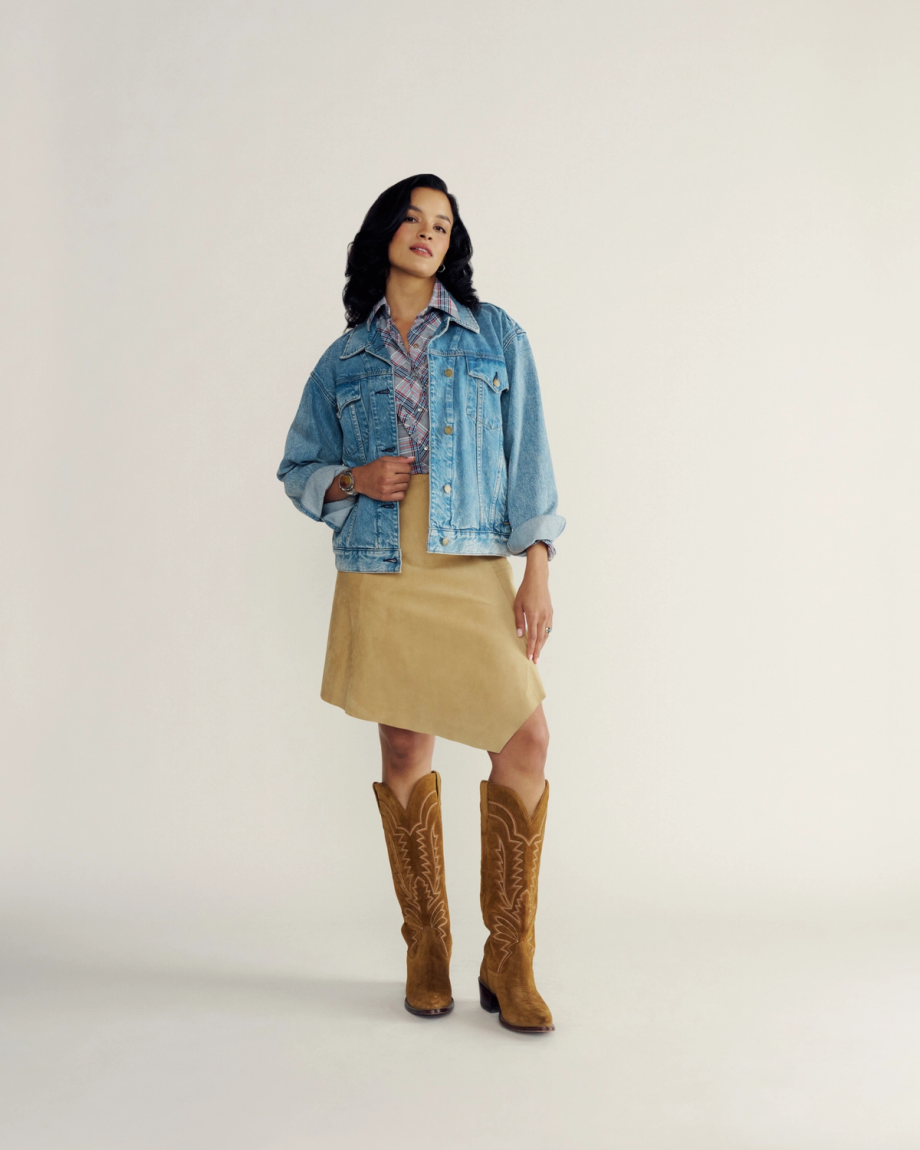 Full view of Women's Denim Trucker Jacket - Medium Wash on model