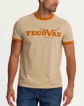 Front view of Tecovas Men's Logo Tee: Horns Ringer Tee - Wheat/Orange on model