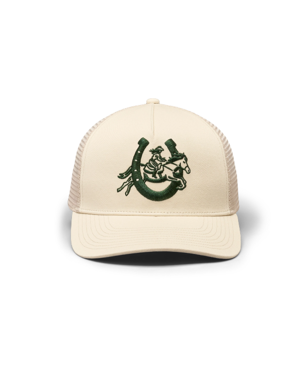 Front view of Lucky Cowgirl Trucker - Cream on plain background