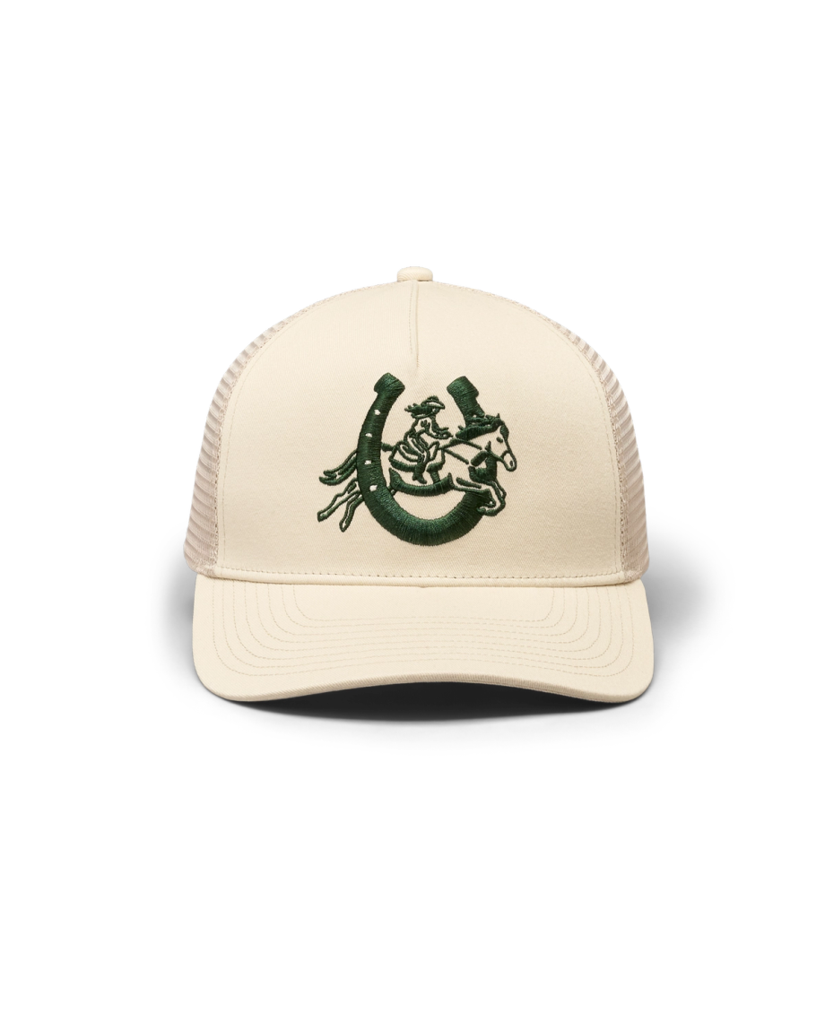 Front view of Lucky Cowgirl Trucker - Cream on plain background