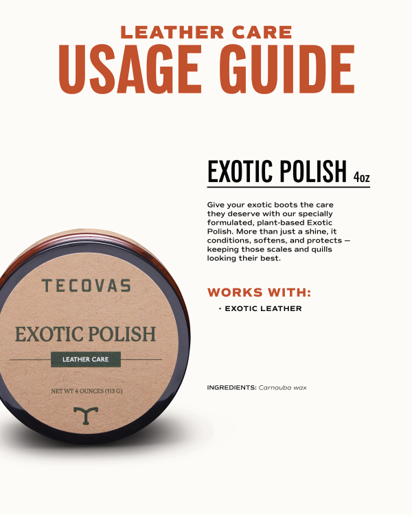 Round container of Tecovas Exotic Polish leather care product shown with text describing its use for conditioning, softening, and protecting exotic leather boots.