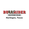 Logo for Bullrider Western Wear featuring cowboy boots, a hat, and bold red letters, with "Harlingen, Texas" below.