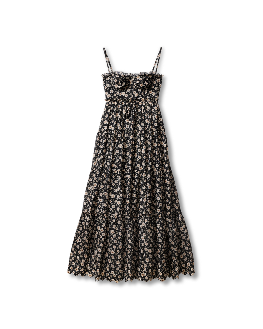 Front view of The Willow Dress by Kristopher Brock - Black/Beige Floral on plain background