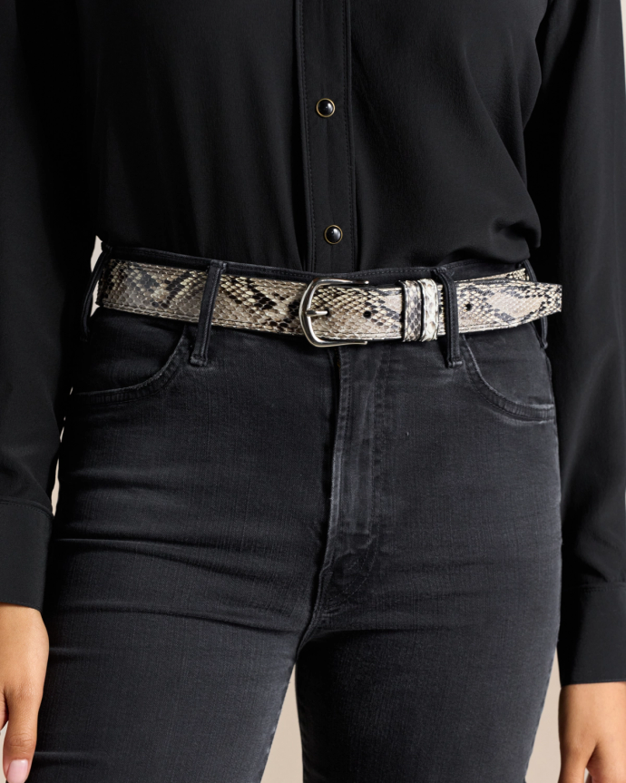 View of Women's Python Belt - Black/Bone