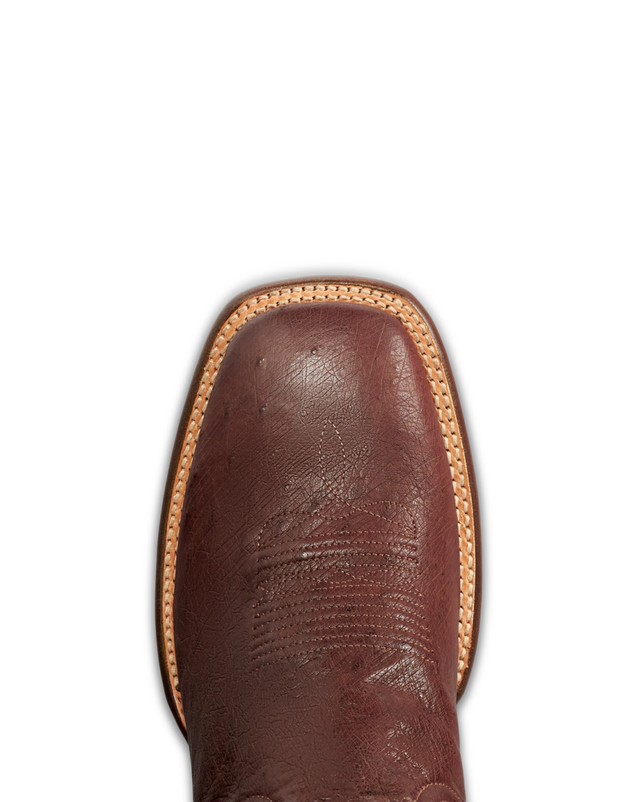 Toe view of The Cody - Mahogany Smooth Ostrich on plain background